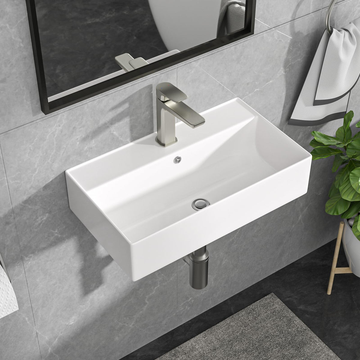 Lordear Wall Mounted Vessel Sink 16x11 Inch, U-Shape White Porcelain Bathroom Sink with Black Faucet and Support Pedestal Legs, Wall Hung Vanity Sink with Towel Rack for Small Bathrooms