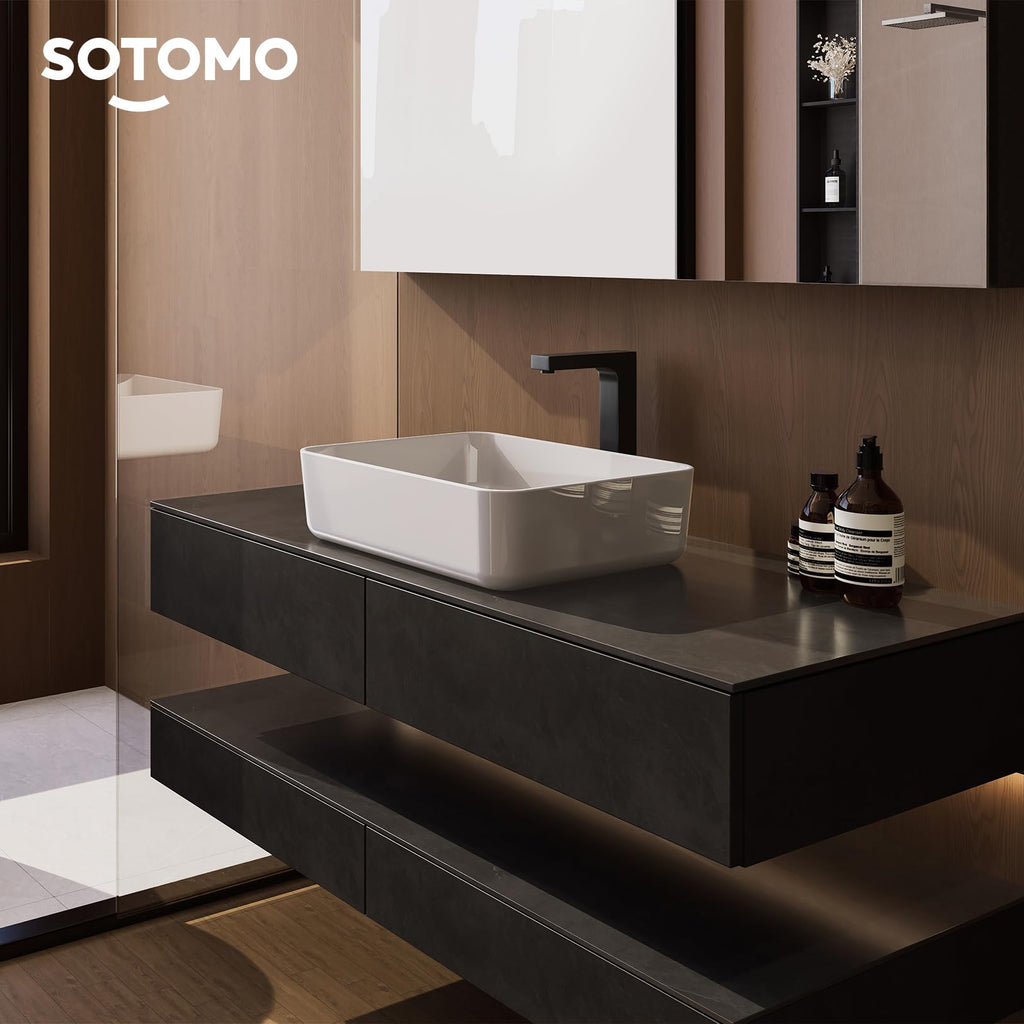 Matte Black Bathroom Vessel Sink Rectangular, 19.7â x 15.4â x 5.5â, Modern Countertop Bathroom Sink with Drainage Design, Above Counter Ceramic Basin for Powder Room - MJ-695