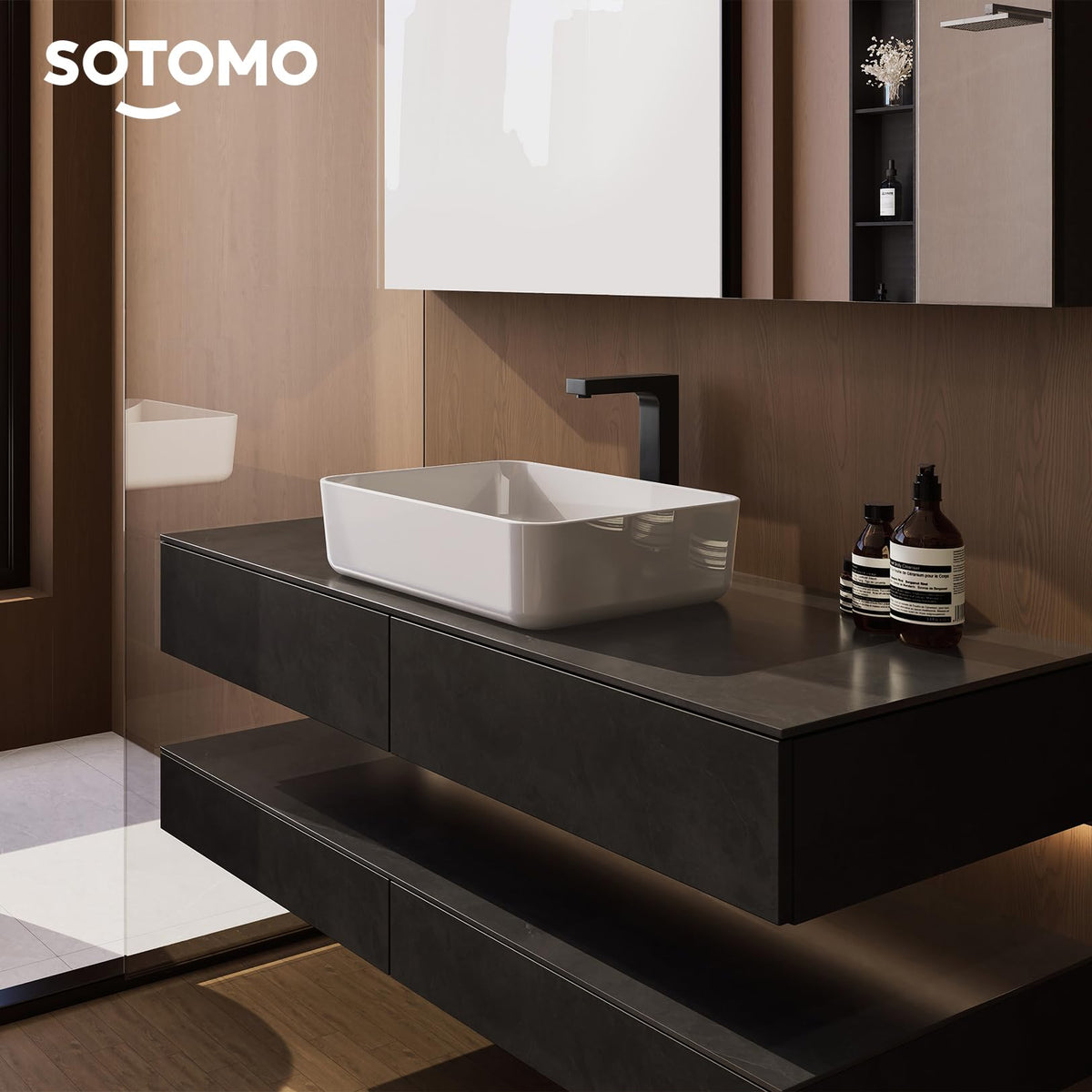 Matte Black Bathroom Vessel Sink Rectangular, 19.7â x 15.4â x 5.5â, Modern Countertop Bathroom Sink with Drainage Design, Above Counter Ceramic Basin for Powder Room - MJ-695
