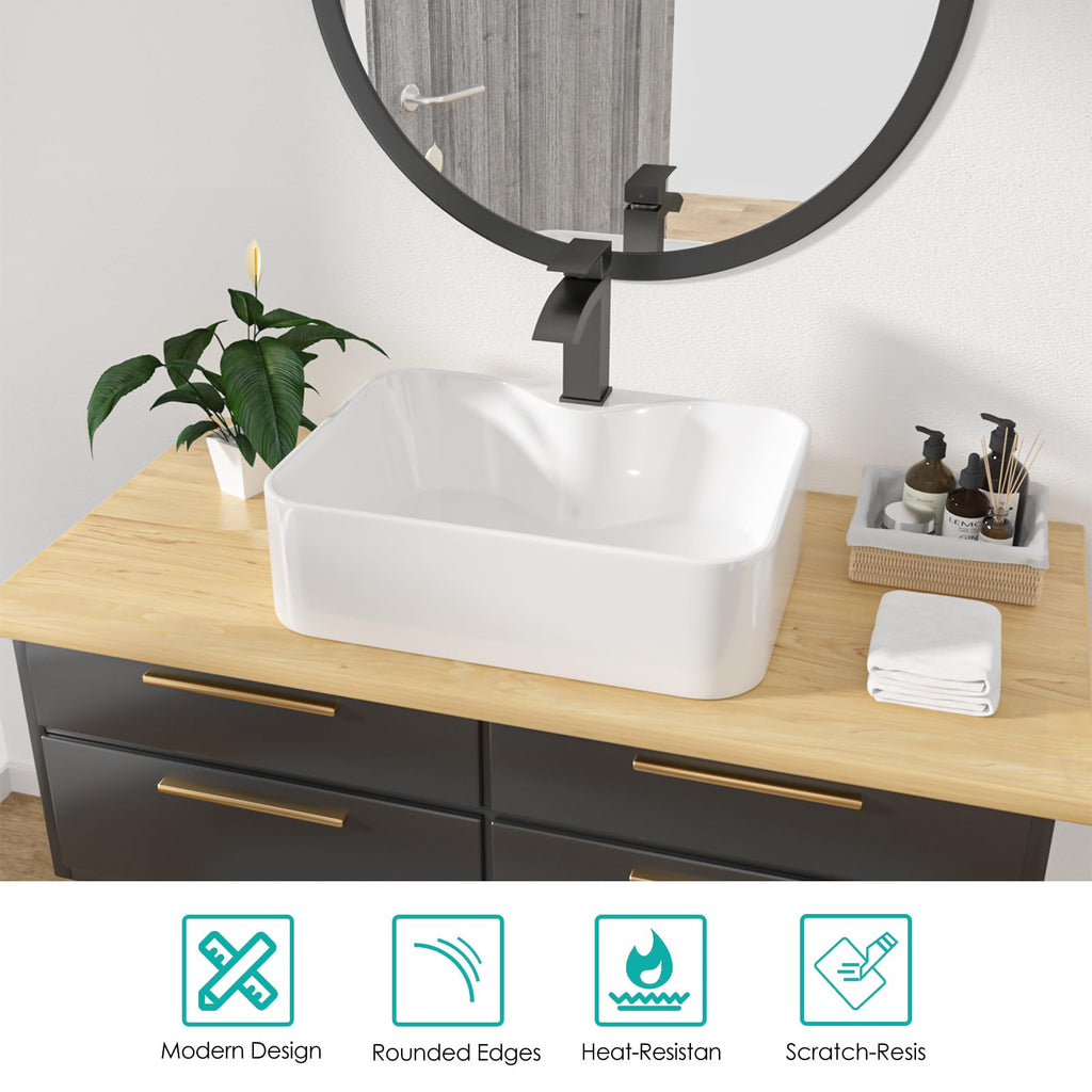 Kichae 16"x12" Vessel Sink Rectangle - Modern Above Matte Black Porcelain Ceramic Bathroom Vessel Vanity Sink Bowl Art Basin