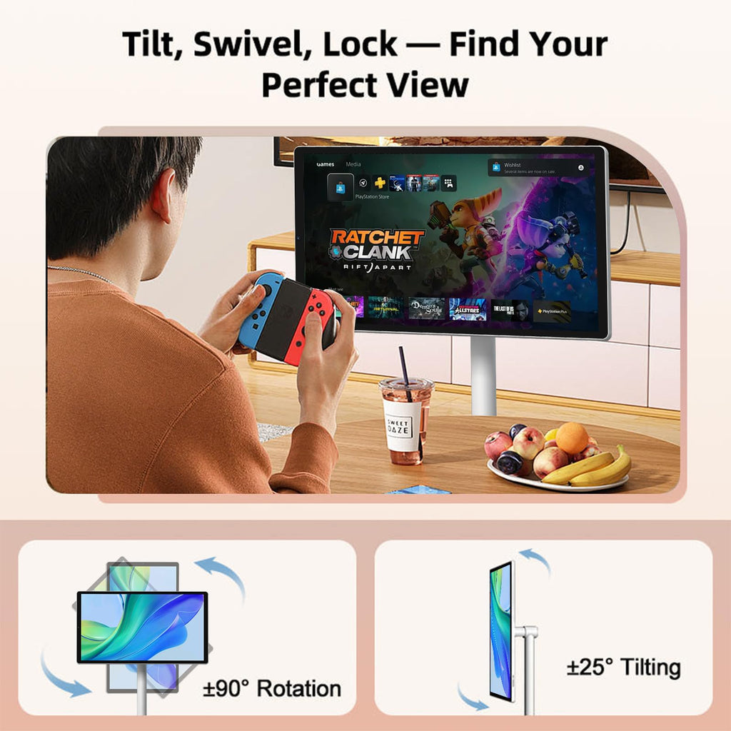 32-Inch FHD Smart Portable TV, Rolling TV on Wheels, Built-in Battery, Android 15 OS, Touch Screen Monitor, 6GB RAM + 128GB Storage, 8MP Camera, Full Swivel Rotation, Voice Remote