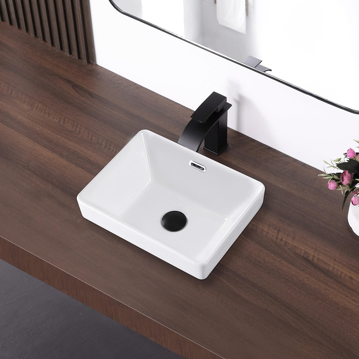 Small Bathroom Vessel Sink 16.7'' x 12.6'' Semi Recessed Bathroom Sink Rectangular Drop-in Vanity Sink with Overflow White Ceramic Modern Art Basin