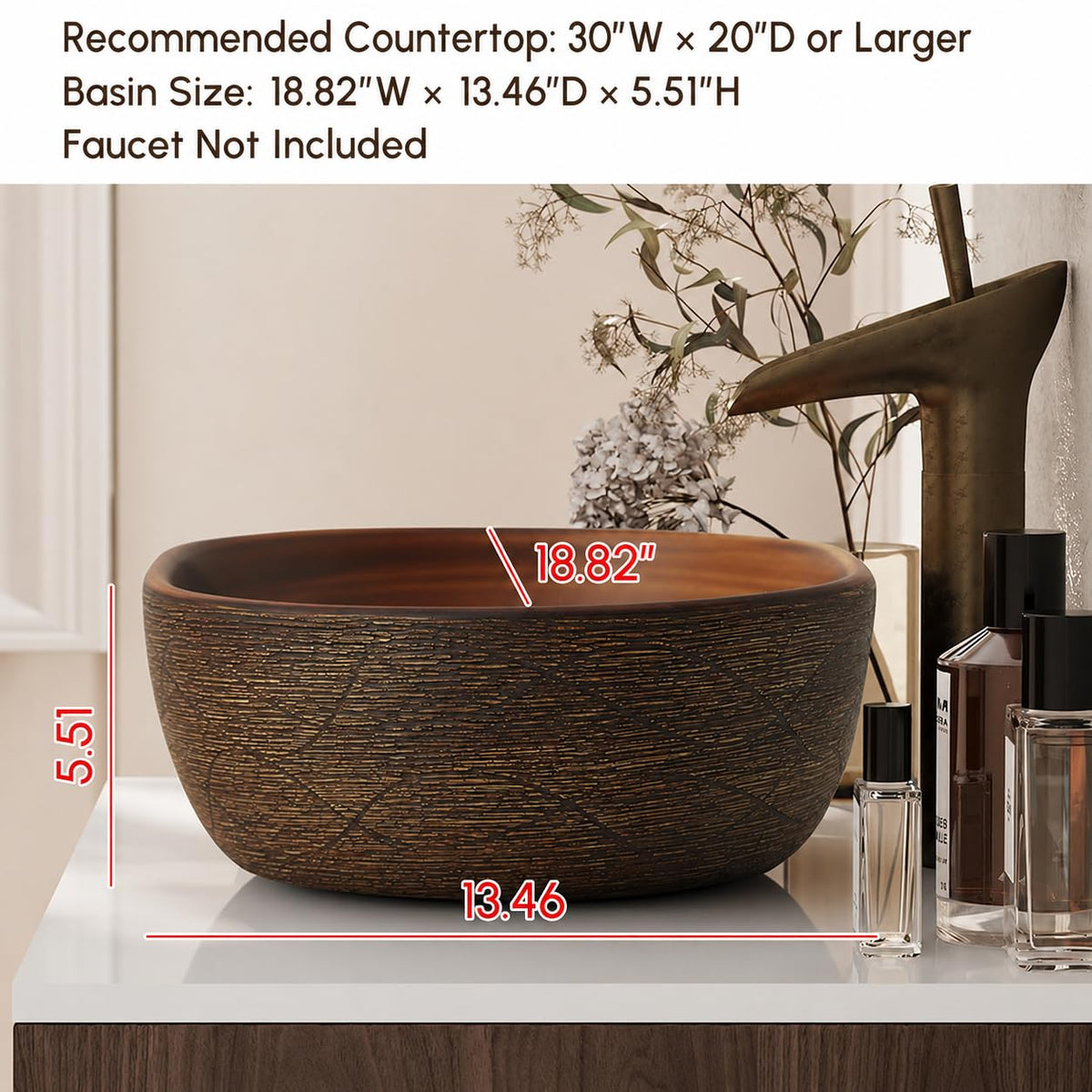 Homary Bathroom Vessel Sink, 23.23" Oval Bowl Sink Retro Ceramic Washbasin Above Counter for Bathroom,Without Pop-up Drain, Retro Brown