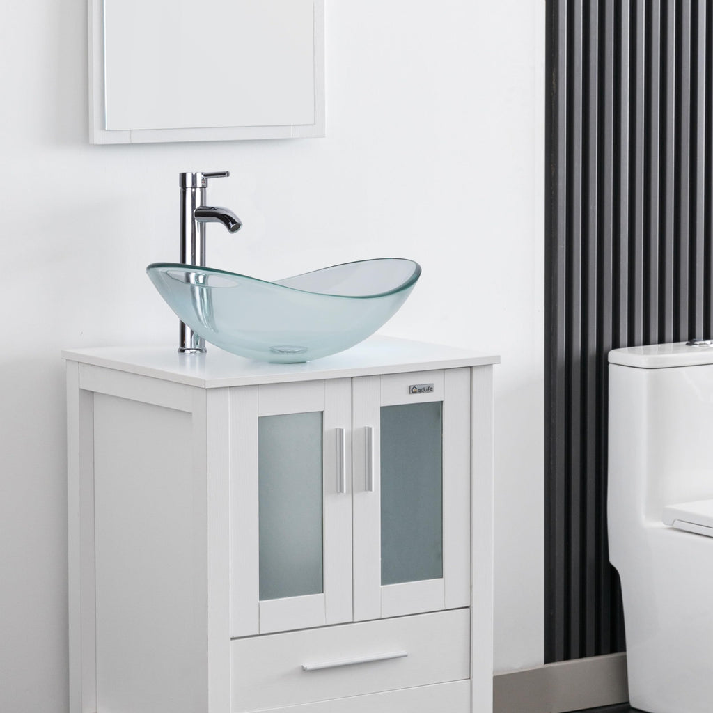 eclife 21.5" Bathroom Vessel Sink Modern Artistic Single Brown Boat Tempered Glass Basin Countertop Bowl Sink for Lavatory Vanity Cabinet, W/Water Save Faucet Pop Up Drain (A29BR)