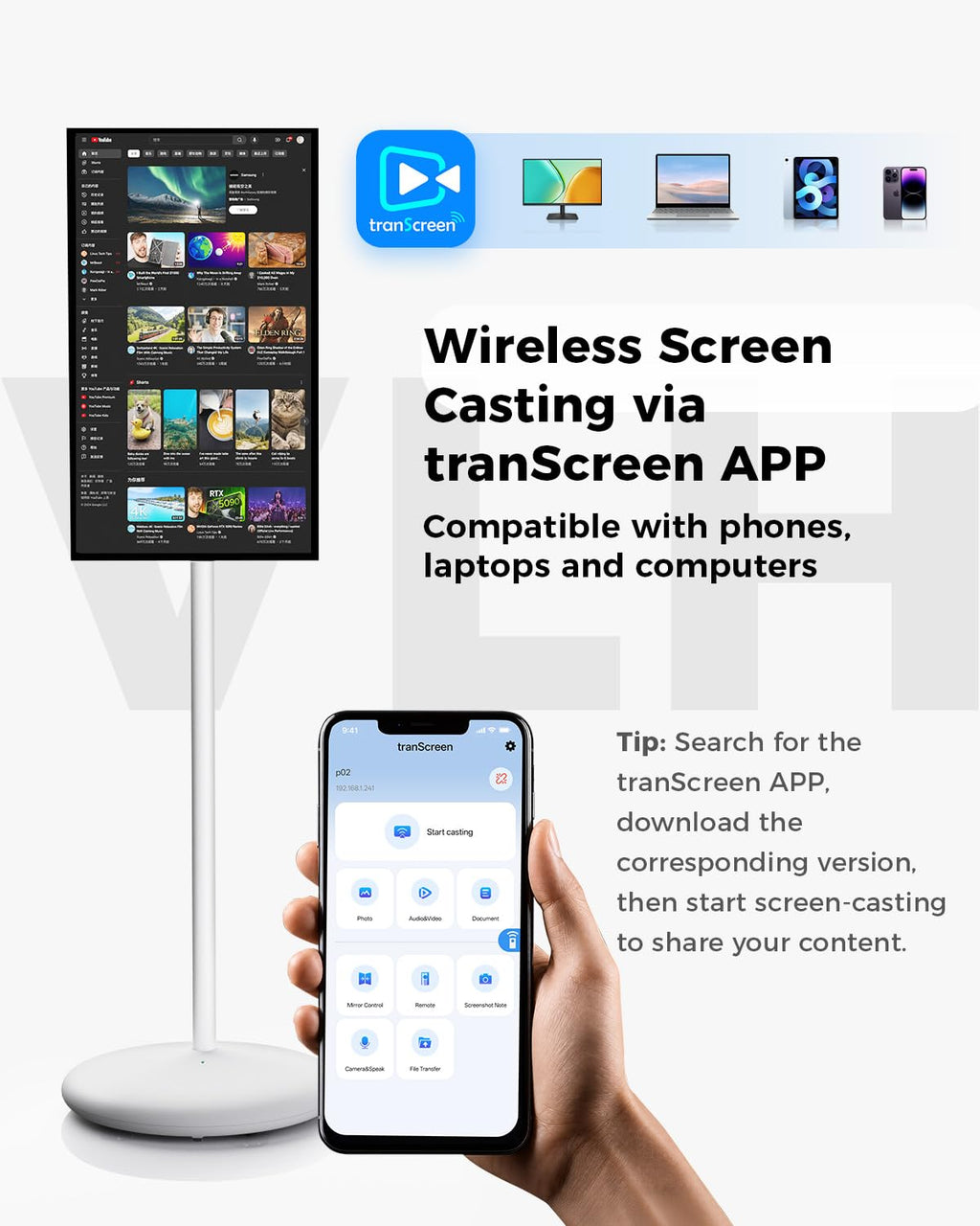 VLH 32 Inch Smart Portable TV Tablet with Rolling Stand, 1080P Touch Screen Rolling TV, Built-in 38400mAh Battery, Android 15, 8+128GB Wireless TV on Wheels with Remote, 360Â° Rotation, 5MP Camera