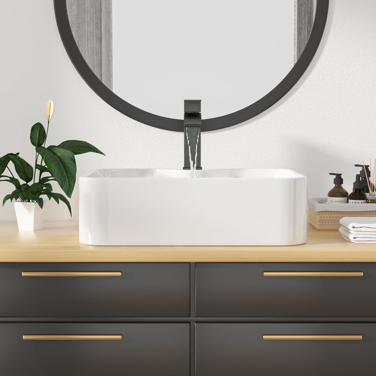 Kichae 16"x12" Vessel Sink Rectangle - Modern Above Matte Black Porcelain Ceramic Bathroom Vessel Vanity Sink Bowl Art Basin