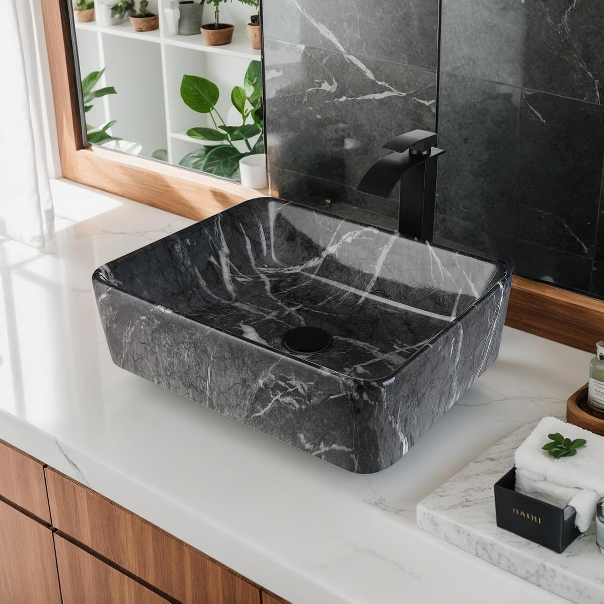19"x15" Black Marbling Vessel Sink Set Rectangular