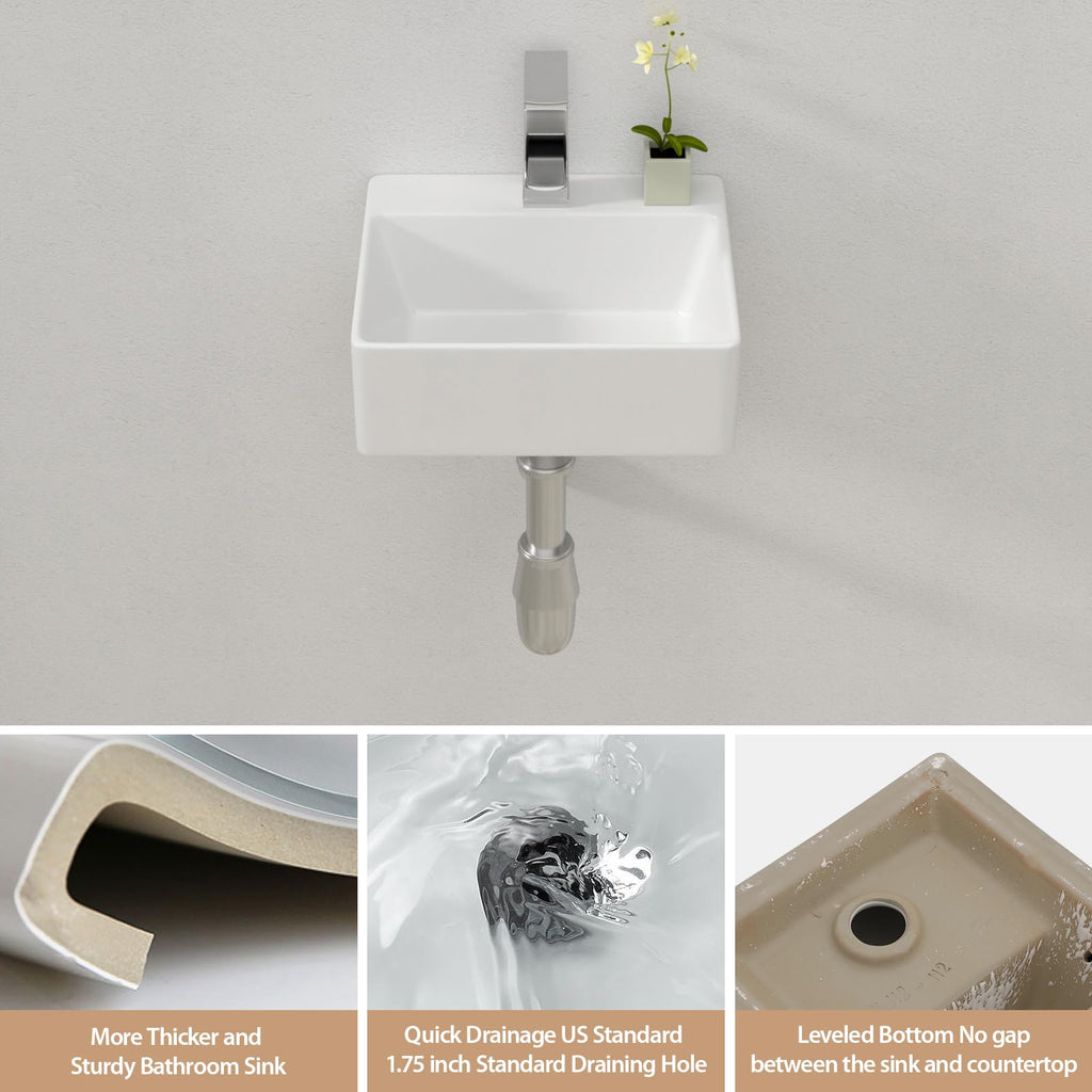 Lordear Wall Mounted Vessel Sink 16x11 Inch, U-Shape White Porcelain Bathroom Sink with Black Faucet and Support Pedestal Legs, Wall Hung Vanity Sink with Towel Rack for Small Bathrooms