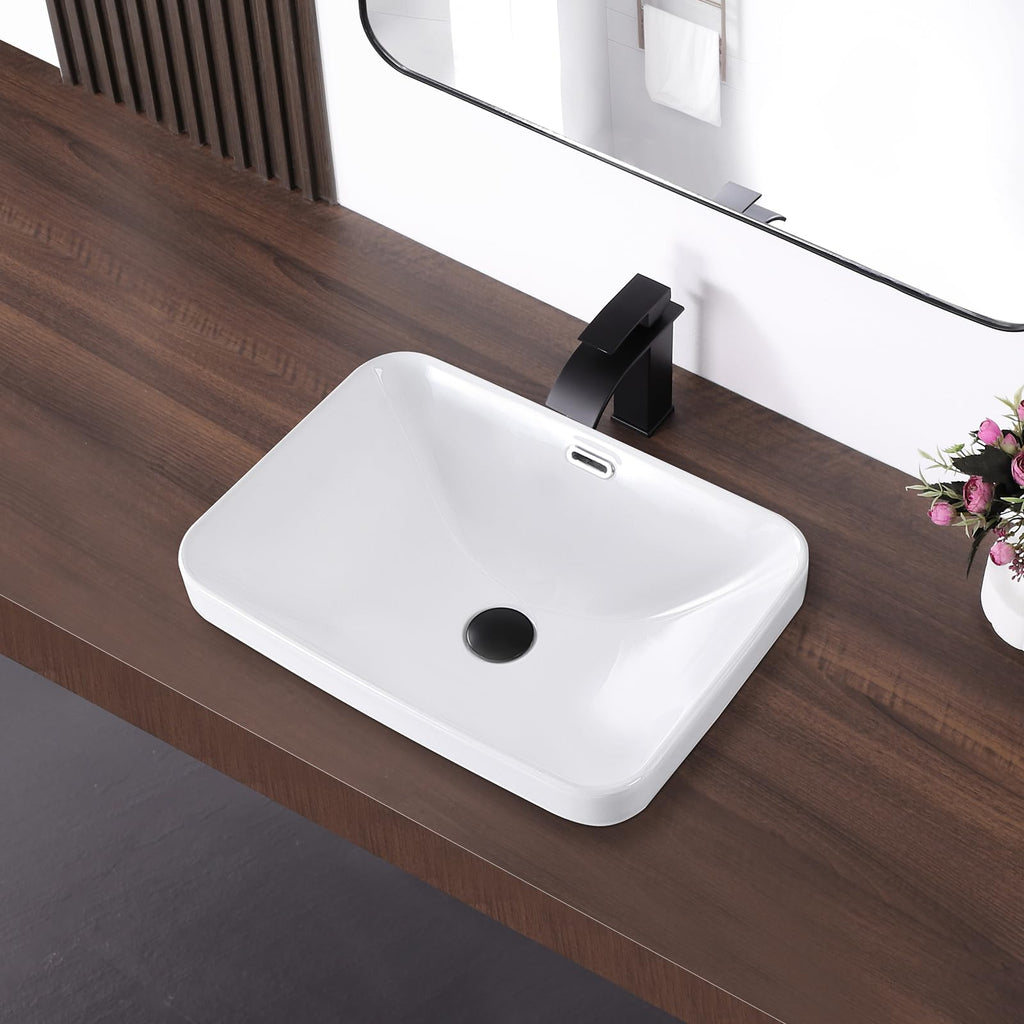 Small Bathroom Vessel Sink 16.7'' x 12.6'' Semi Recessed Bathroom Sink Rectangular Drop-in Vanity Sink with Overflow White Ceramic Modern Art Basin
