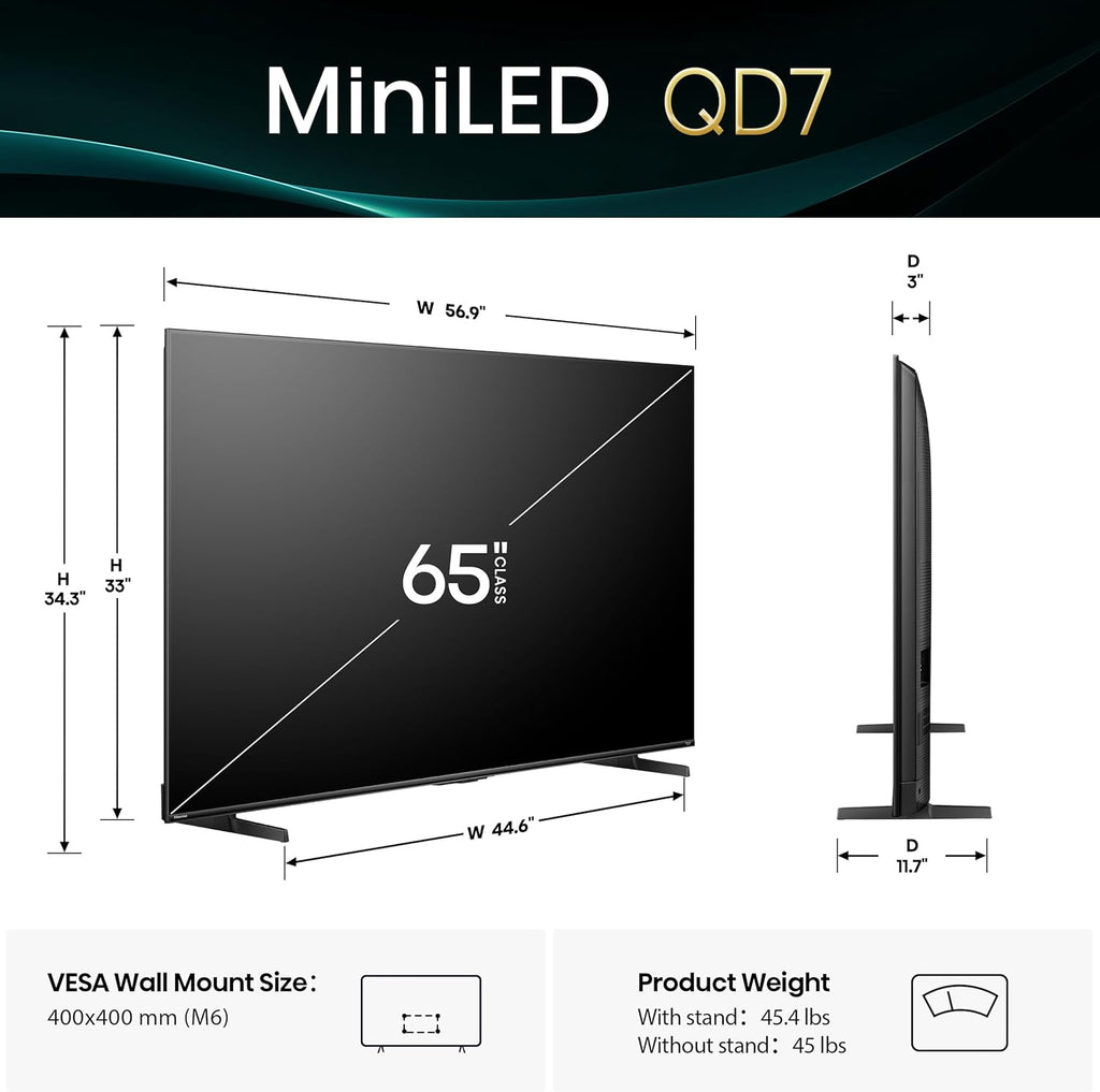 Hisense 65" Class QD7 Series Mini-LED 4K UHD Smart Fire TV (65QD7QF, 2025 Model) - QLED, HDR10+, Dolby Vision, Dolby Atmos, Game Mode Plus, ALLM, Alexa Built in with Voice Remote, Streaming TV, Black