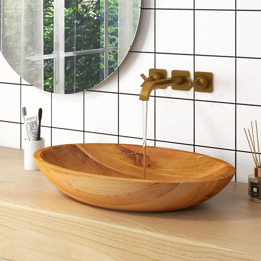 Giantex Teak Wood Vessel Sink - Bathroom Washbasin with Smooth Finish, Round Corner, 2.5â Drain Hole for 1 5/8" Drainage, Above Counter Vanity Sinks, No Assembly Art Basin (16â x 16â x 4â Bowl-shaped)