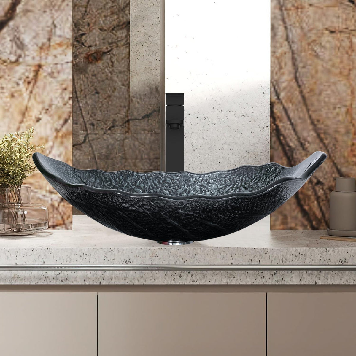 Bathroom Leaf Shape Artistic Glass Vessel Sink, Brown