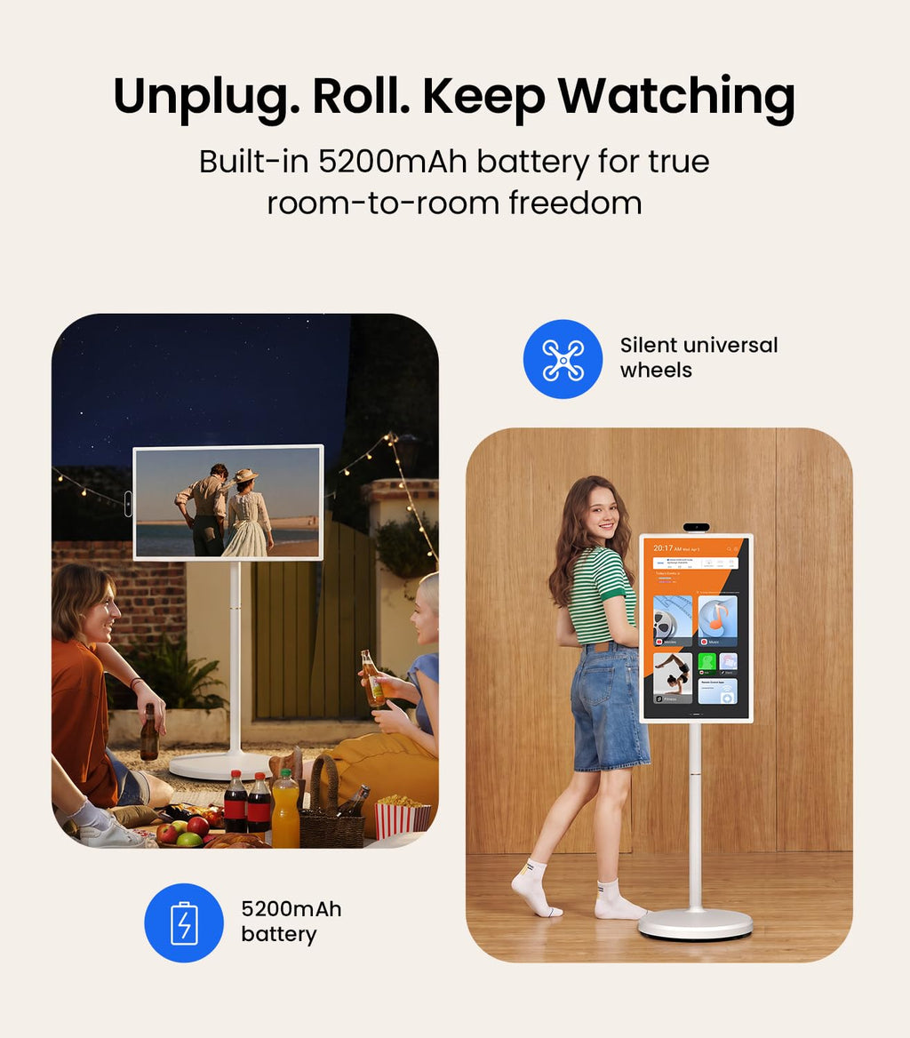 ApoloSign 32 Inch 4K UHD Smart Portable TV on Wheels, Android 16 EDLA Certified, 256GB Storage, Built-in 15000mAh Battery, Voice Remote, Touch Screen TV with Rolling Stand for Home, Office - Gen2