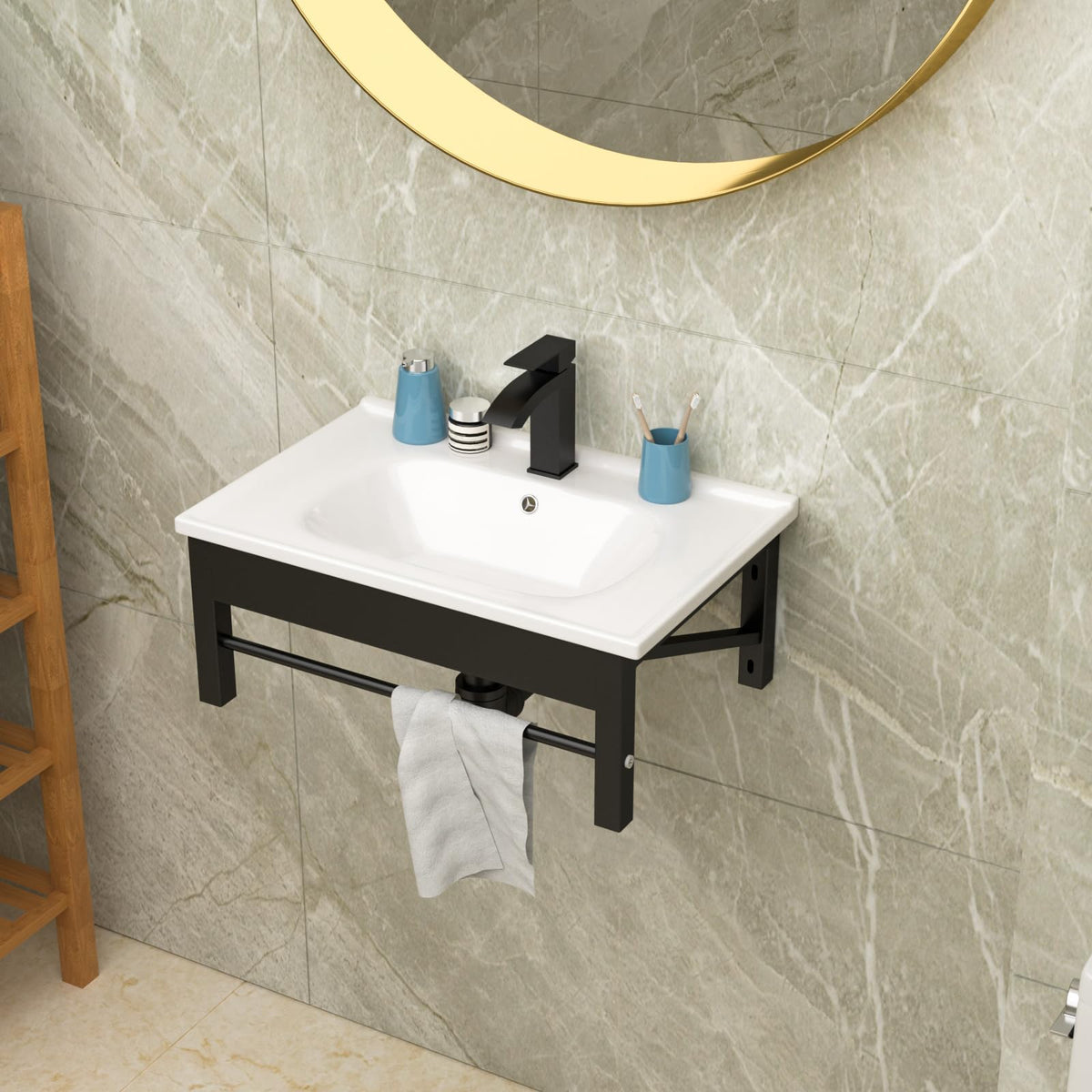 Lordear Wall Mounted Vessel Sink 16x11 Inch, U-Shape White Porcelain Bathroom Sink with Black Faucet and Support Pedestal Legs, Wall Hung Vanity Sink with Towel Rack for Small Bathrooms