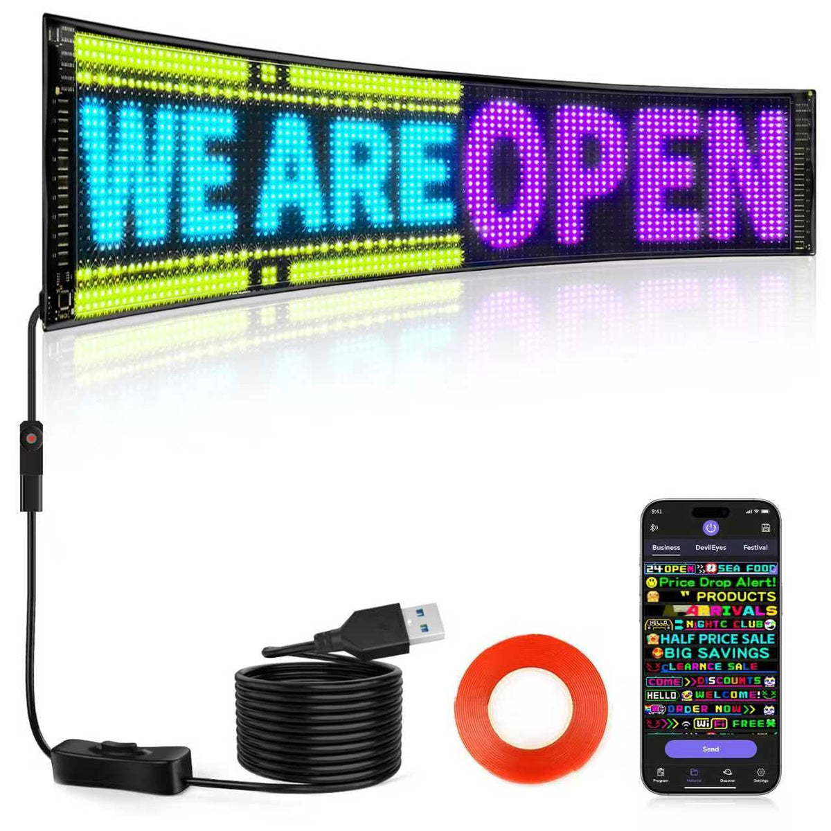 Rayhome Full Color Dual Row Programmable LED Sign, 43''x6.3'' Flexible P5 USB Bluetooth APP Control LED Signs Custom Text Message Pattern Scrolling LED Display for Store Bar Hotel School.