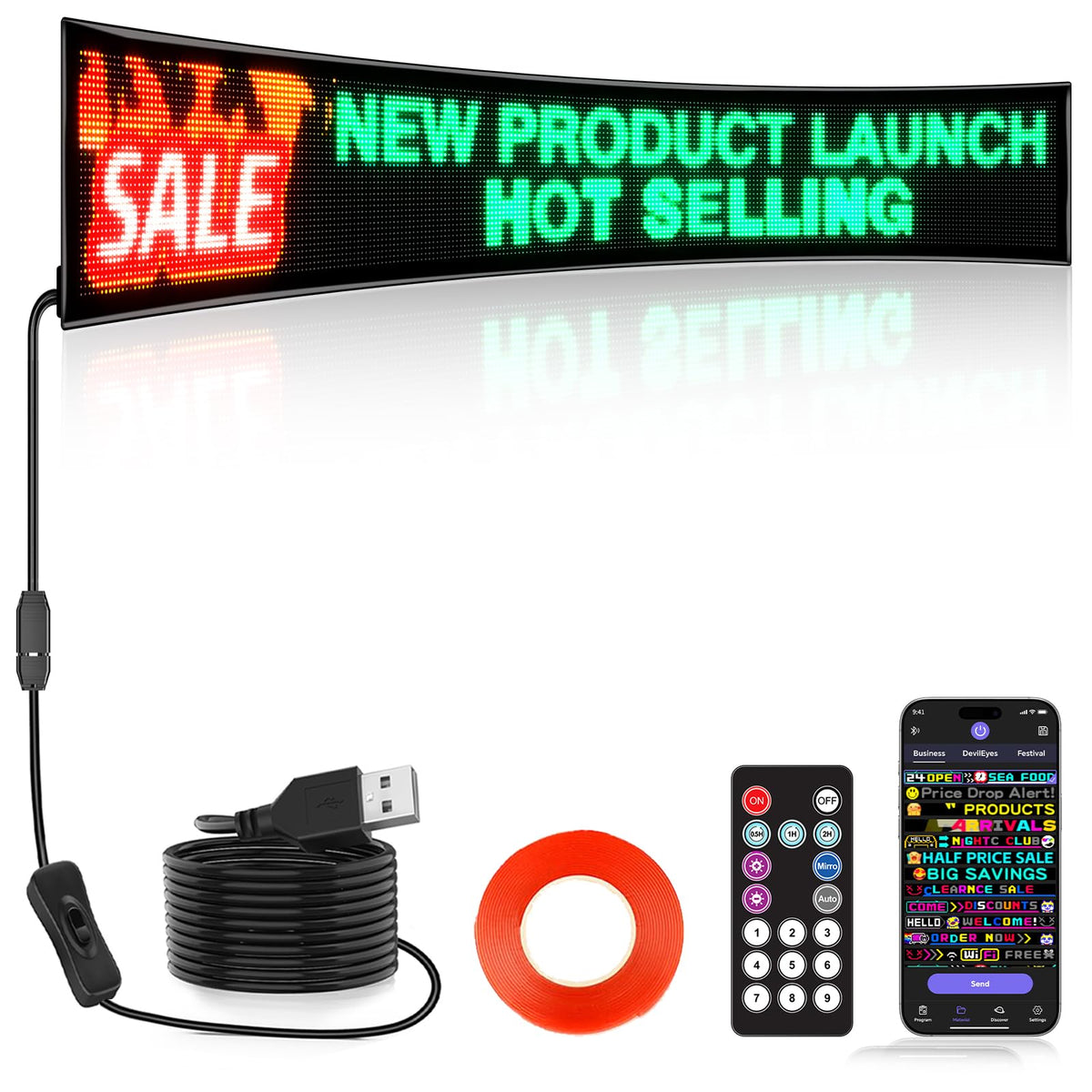 Rayhome Full Color Dual Row Programmable LED Sign, 43''x6.3'' Flexible P5 USB Bluetooth APP Control LED Signs Custom Text Message Pattern Scrolling LED Display for Store Bar Hotel School.