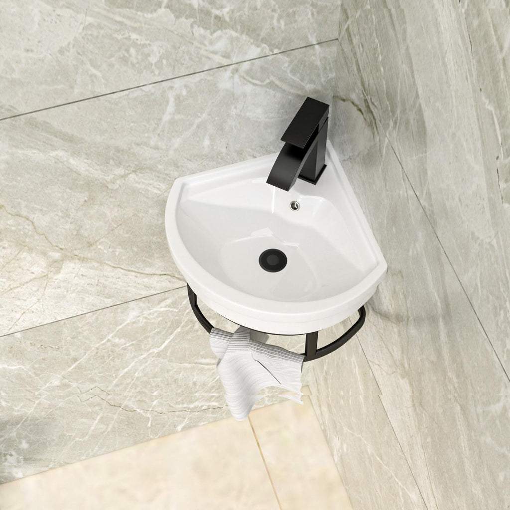 Lordear Wall Mounted Vessel Sink 16x11 Inch, U-Shape White Porcelain Bathroom Sink with Black Faucet and Support Pedestal Legs, Wall Hung Vanity Sink with Towel Rack for Small Bathrooms