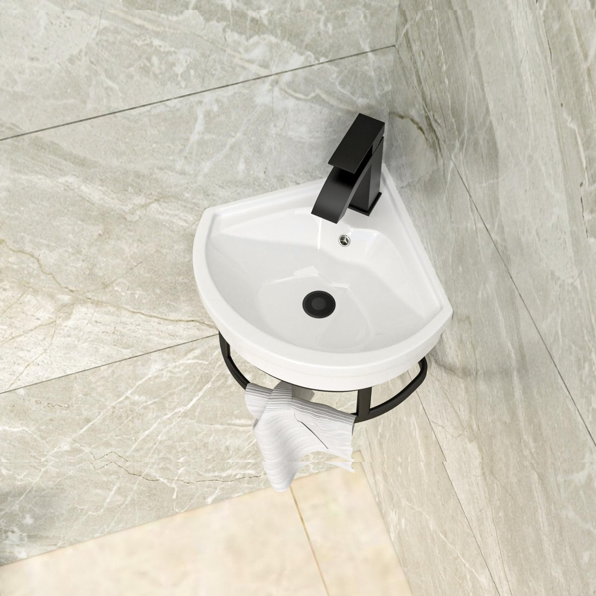 Lordear Wall Mounted Vessel Sink 16x11 Inch, U-Shape White Porcelain Bathroom Sink with Black Faucet and Support Pedestal Legs, Wall Hung Vanity Sink with Towel Rack for Small Bathrooms