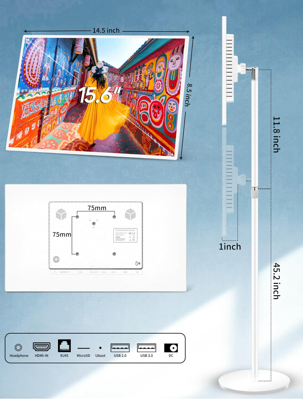 15.6" Digital Signage Capacitive Touchscreen Advertising Display with Adjustable Stand, 10000mAh Battery, Android 13 Commercial LCD Monitor with Auto Play, Wireless Screen Mirroring, 4+64GB