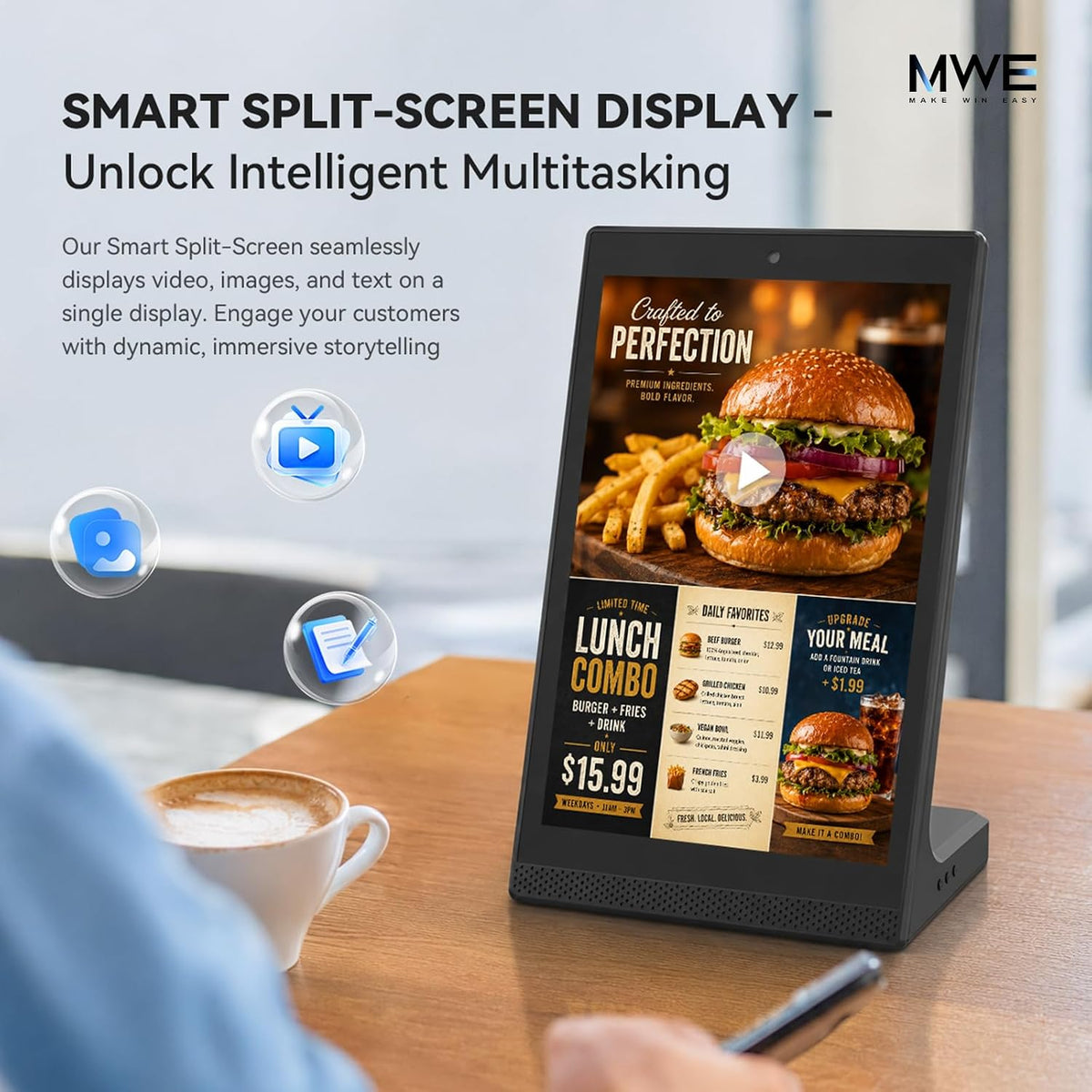 10.1" Desktop Digital Signage Display, L-Shaped HD Touch Screen Kiosk, LedArt App Remote Management, Commercial Advertising Display for Retail, Restaurant, Hotel (WiFi/Ethernet/USB)