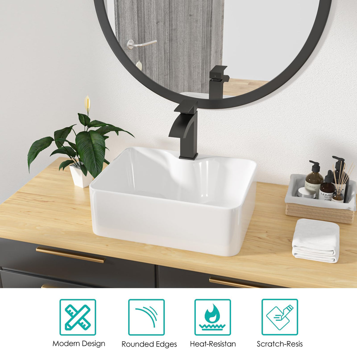 Kichae 16"x12" Vessel Sink Rectangle - Modern Above Matte Black Porcelain Ceramic Bathroom Vessel Vanity Sink Bowl Art Basin