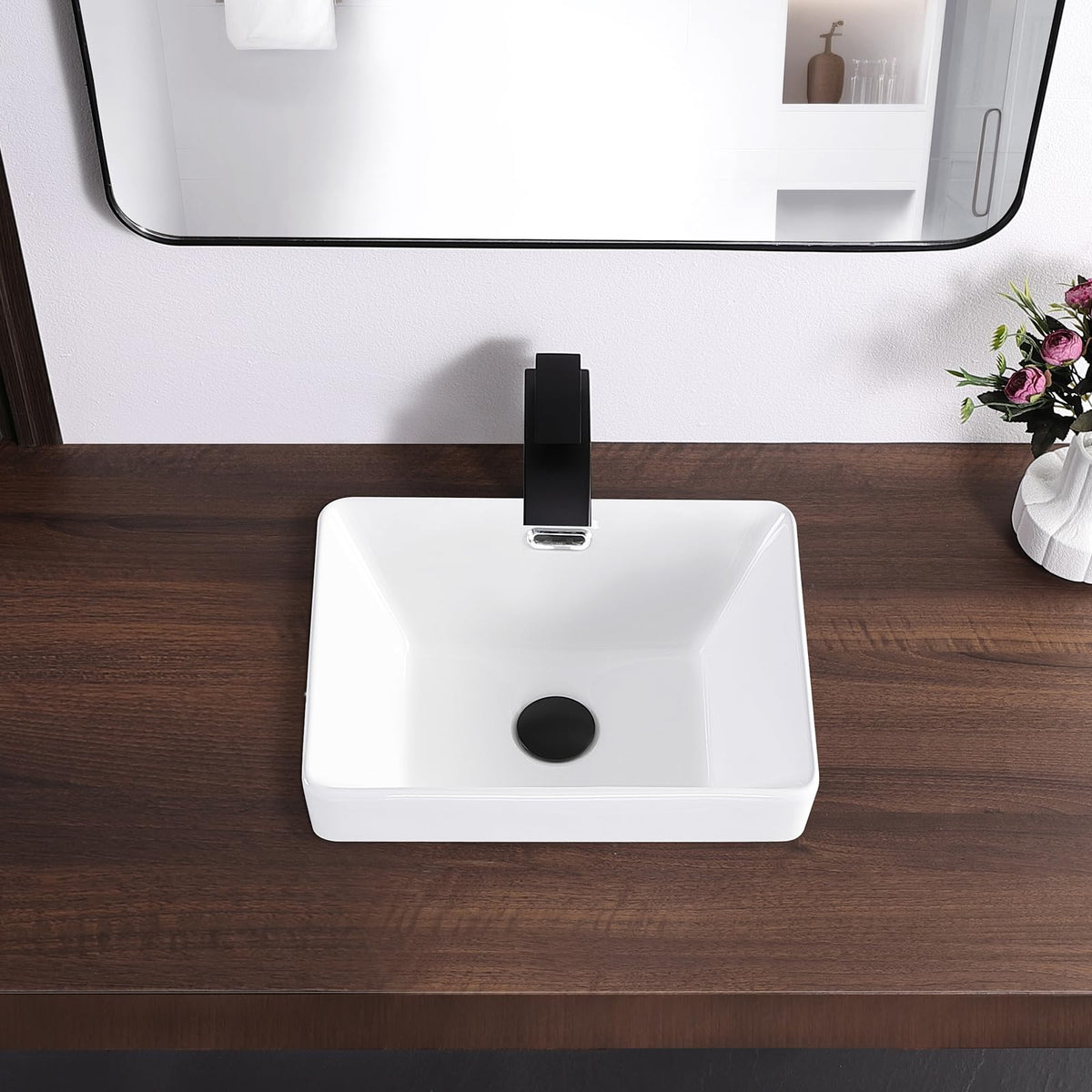 Small Bathroom Vessel Sink 16.7'' x 12.6'' Semi Recessed Bathroom Sink Rectangular Drop-in Vanity Sink with Overflow White Ceramic Modern Art Basin
