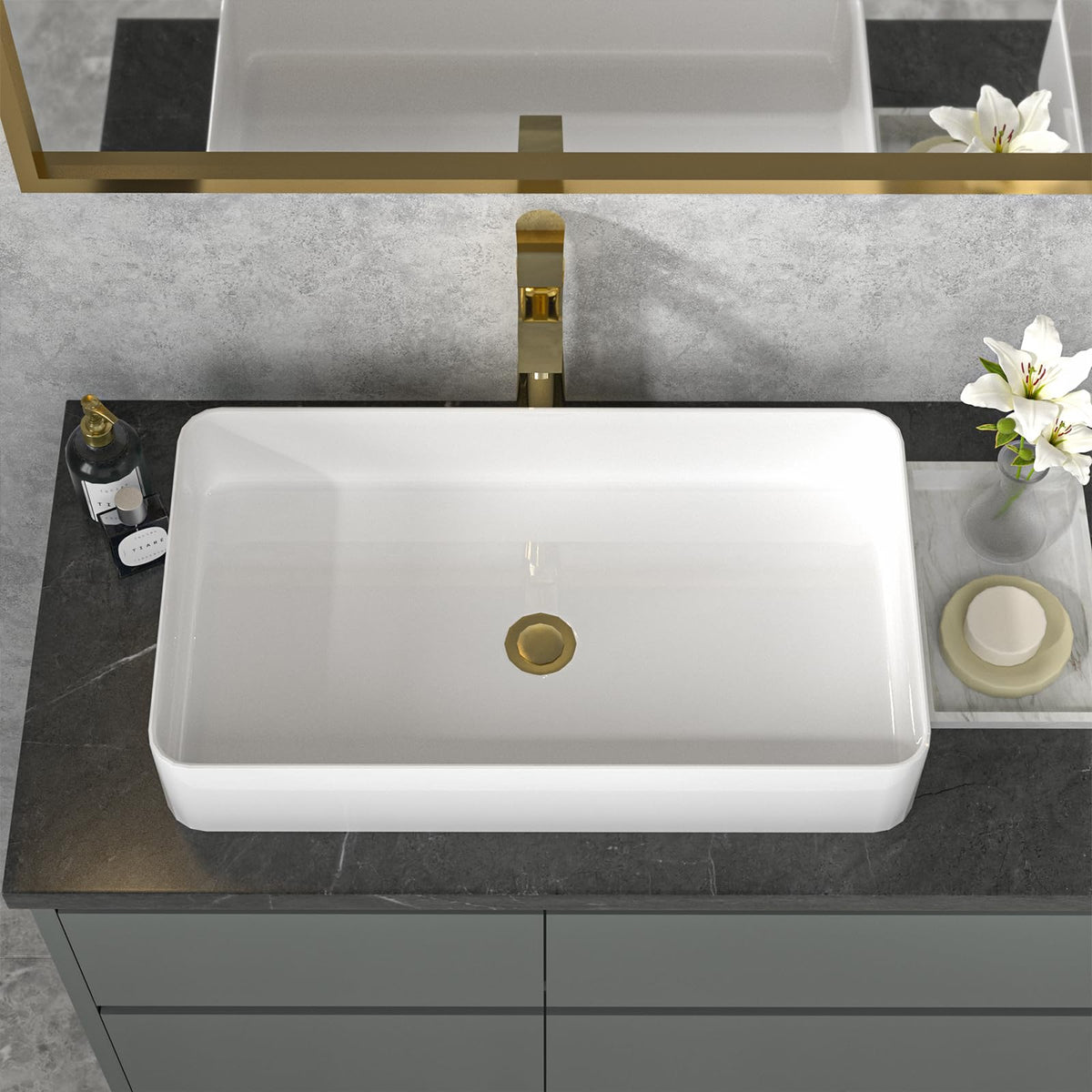 Sarlai Black Vessel Sink Rectangular - 24"x14" Modern Bathroom Vessel Sink Rectangle Above Counter Black Ceramic Porcelain Lavatory Vanity Sink Art Basin