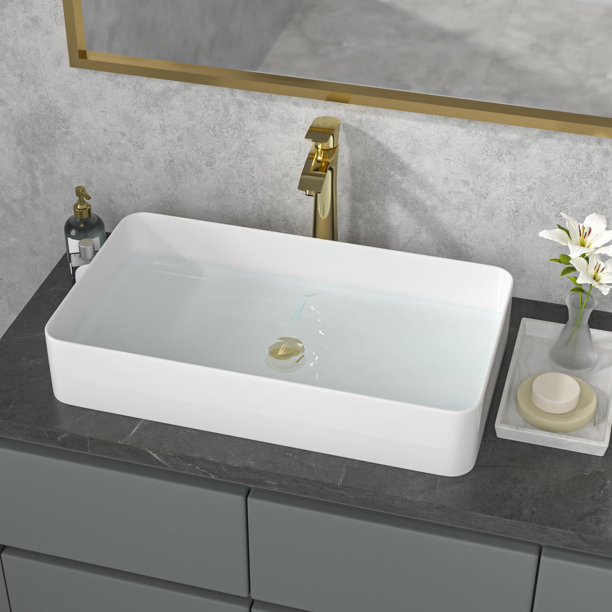 Sarlai Black Vessel Sink Rectangular - 24"x14" Modern Bathroom Vessel Sink Rectangle Above Counter Black Ceramic Porcelain Lavatory Vanity Sink Art Basin