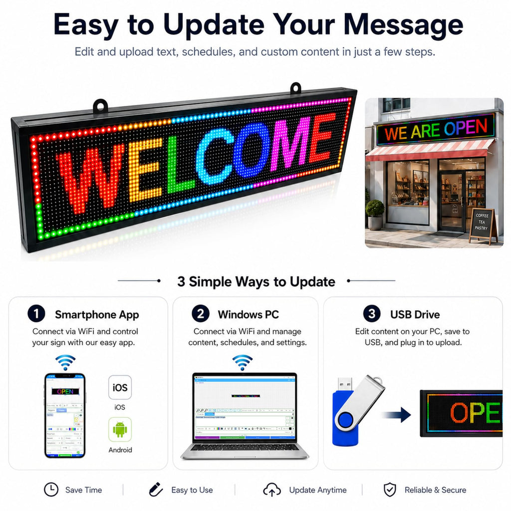 P10 LED Programmable Advertising Sign, High Brightnes Outdoor Digital Sign Waterproof, WiFi Control LED Open Signs for Business, Electronic Message Display Board 115"X14"