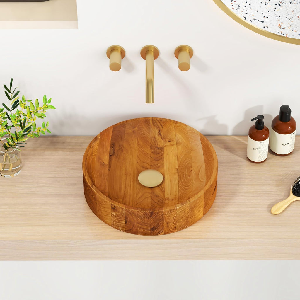 Giantex Teak Wood Vessel Sink - Bathroom Washbasin with Smooth Finish, Round Corner, 2.5â Drain Hole for 1 5/8" Drainage, Above Counter Vanity Sinks, No Assembly Art Basin (16â x 16â x 4â Bowl-shaped)