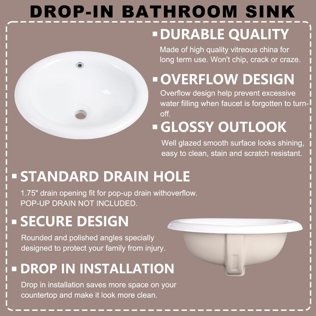 Small Bathroom Vessel Sink 16.7'' x 12.6'' Semi Recessed Bathroom Sink Rectangular Drop-in Vanity Sink with Overflow White Ceramic Modern Art Basin