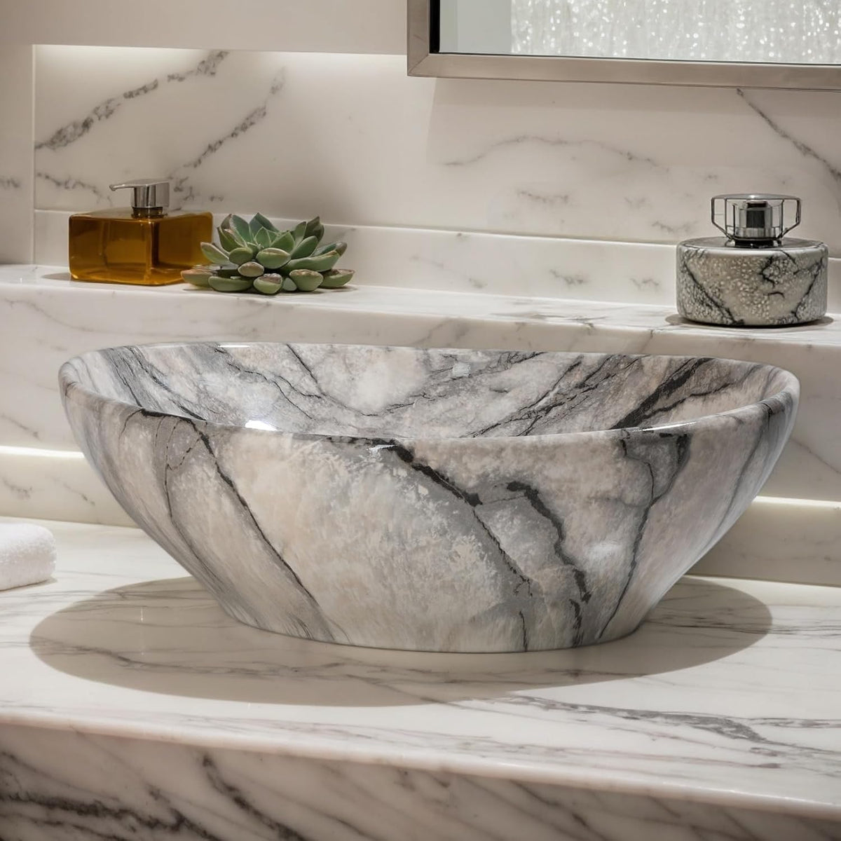 Marbling Oval Vessel Sink, 16x13 Inch