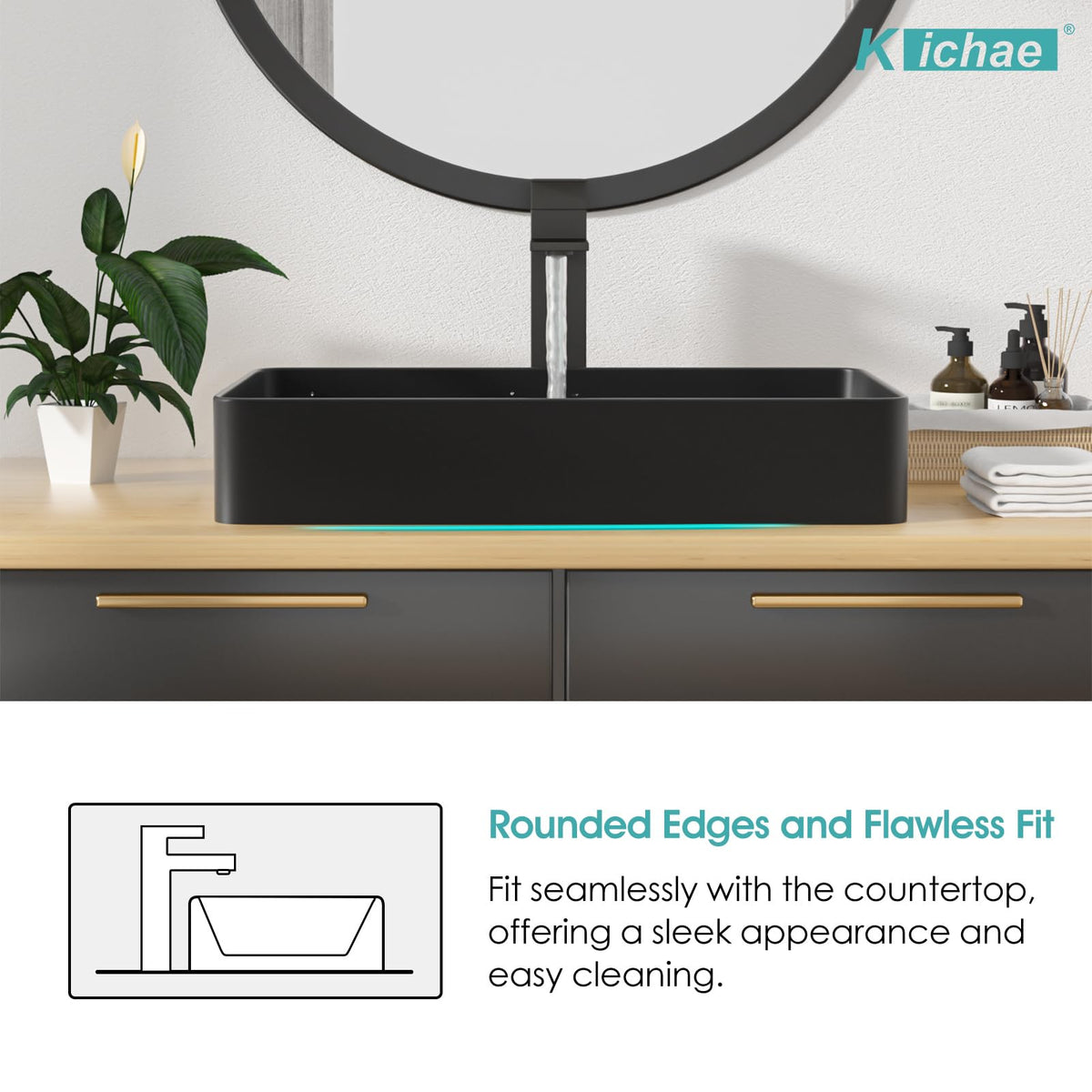 Kichae 16"x12" Vessel Sink Rectangle - Modern Above Matte Black Porcelain Ceramic Bathroom Vessel Vanity Sink Bowl Art Basin