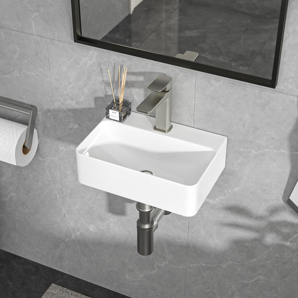 Lordear Wall Mounted Vessel Sink 16x11 Inch, U-Shape White Porcelain Bathroom Sink with Black Faucet and Support Pedestal Legs, Wall Hung Vanity Sink with Towel Rack for Small Bathrooms