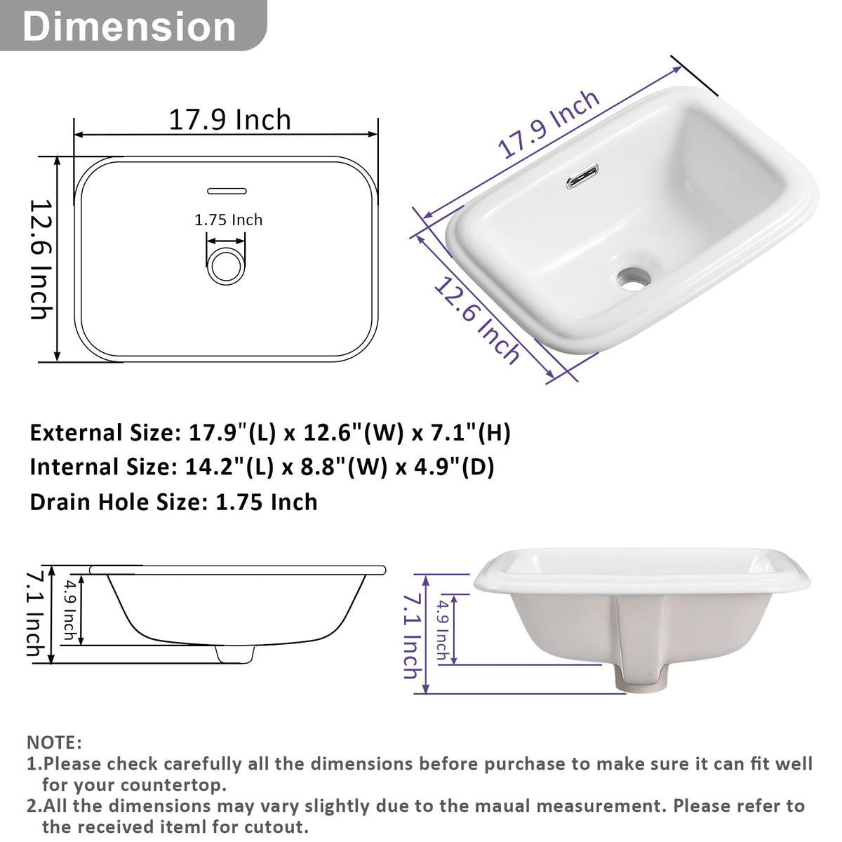 Small Bathroom Vessel Sink 16.7'' x 12.6'' Semi Recessed Bathroom Sink Rectangular Drop-in Vanity Sink with Overflow White Ceramic Modern Art Basin