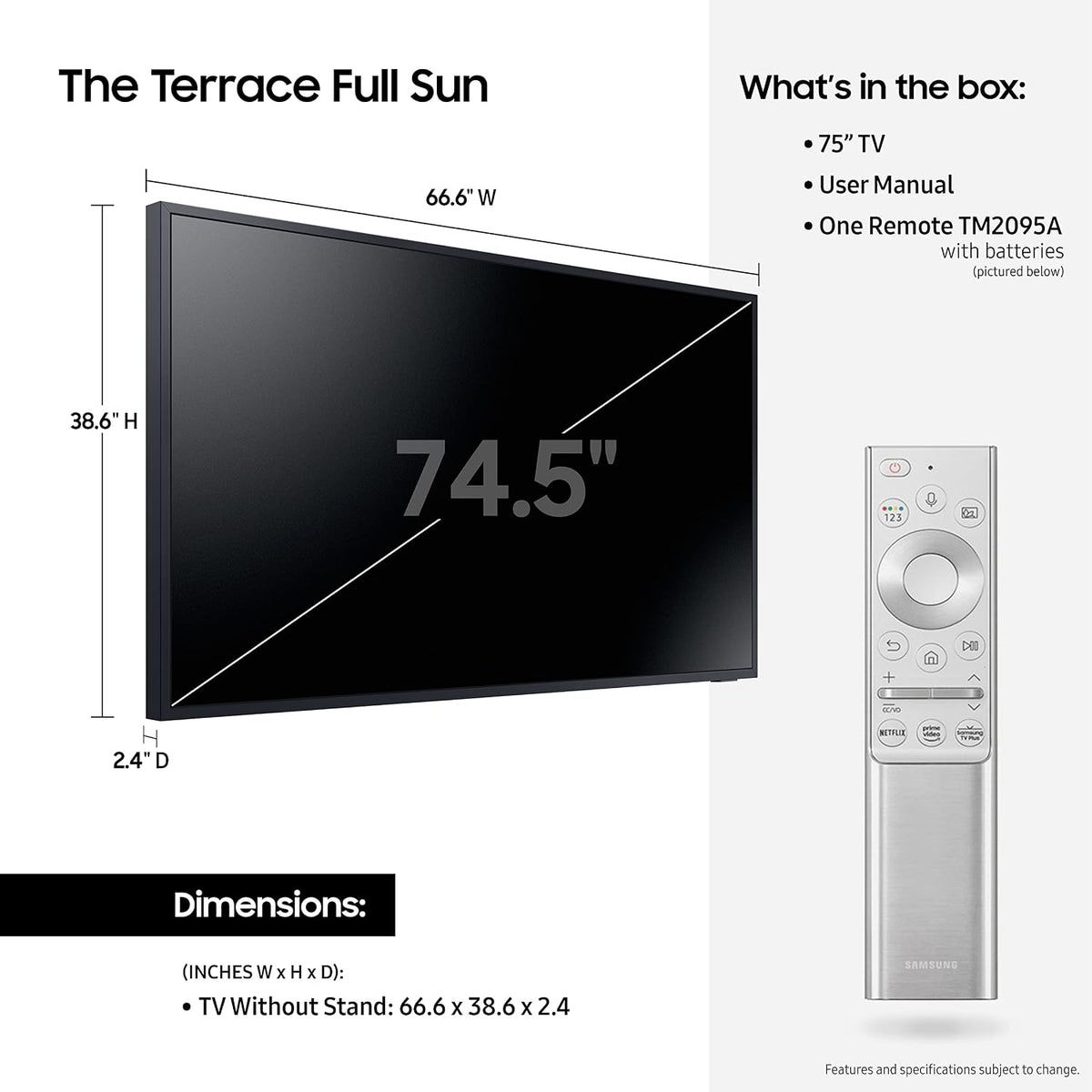 SAMSUNG 75-Inch Class QLED 4K The Terrace Full Sun Outdoor, Direct Full Array 16x, Weather Resistant, Wide Viewing Angle, Anti-Glare Smart TV w/ Alexa Built-In (QN75LST9TAFXZA, Latest Model)