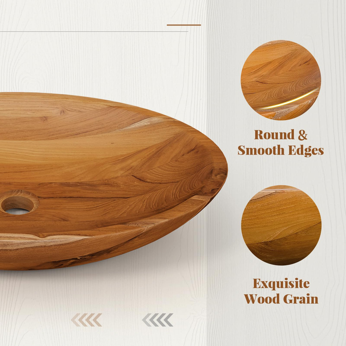 Giantex Teak Wood Vessel Sink - Bathroom Washbasin with Smooth Finish, Round Corner, 2.5â Drain Hole for 1 5/8" Drainage, Above Counter Vanity Sinks, No Assembly Art Basin (16â x 16â x 4â Bowl-shaped)