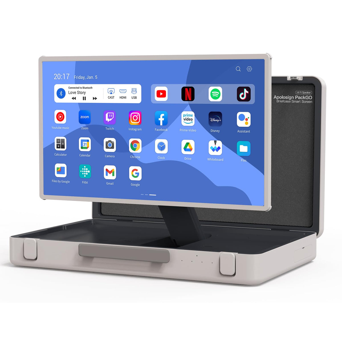 apolosign packgo 27-Inch Portable Entertainment System, Compact Suitcase Design Smart TV, Android OS, Bluetooth 3D Speakers, Built-in Battery 6H, Briefcase Screen Perfect for Travel & Parties (Gray)