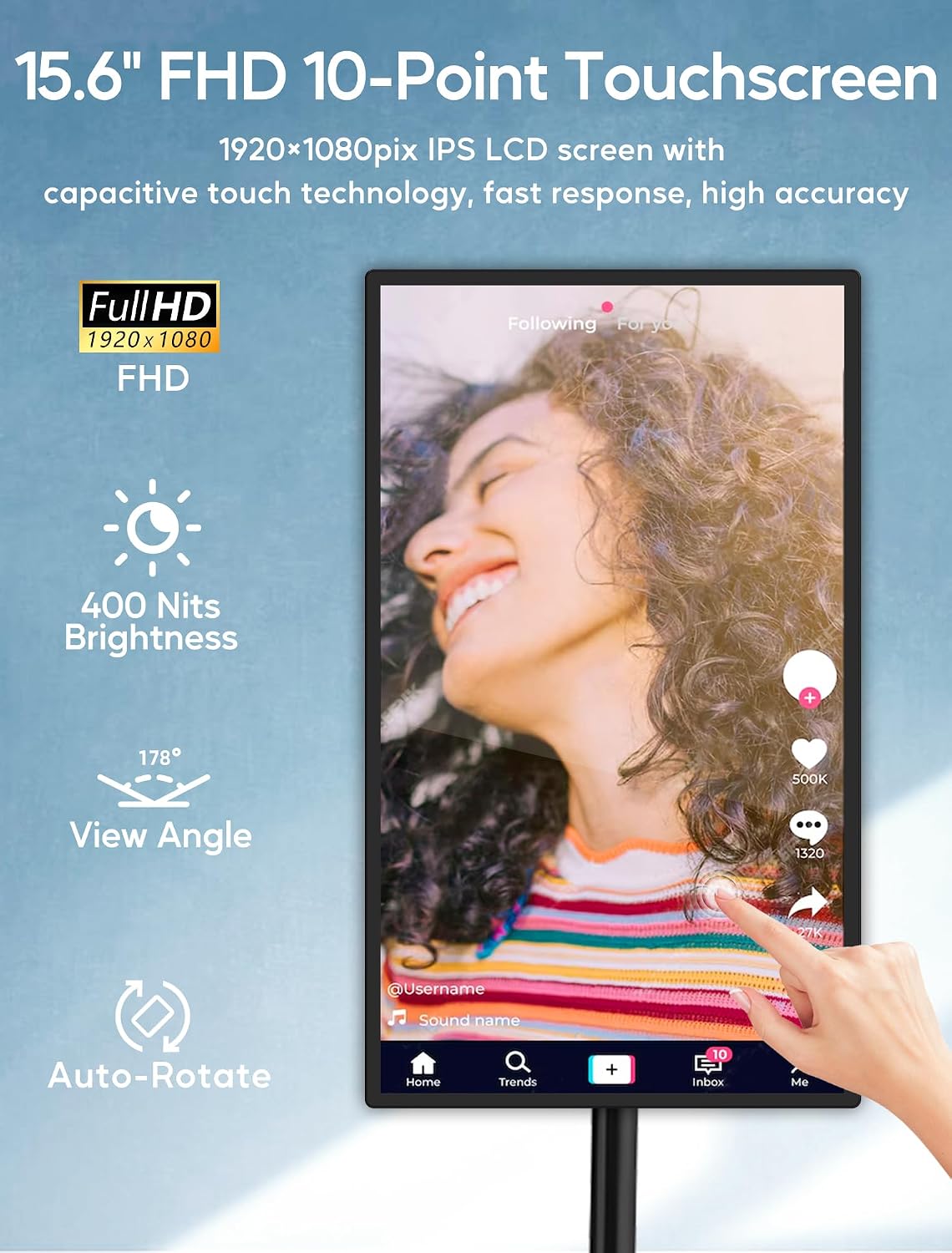 15.6" Digital Signage Capacitive Touchscreen Advertising Display with Adjustable Stand, 10000mAh Battery, Android 13 Commercial LCD Monitor with Auto Play, Wireless Screen Mirroring, 4+64GB