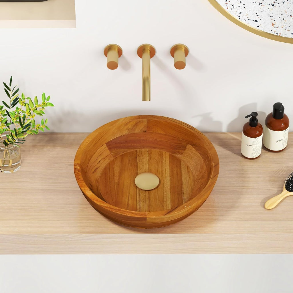 Giantex Teak Wood Vessel Sink - Bathroom Washbasin with Smooth Finish, Round Corner, 2.5â Drain Hole for 1 5/8" Drainage, Above Counter Vanity Sinks, No Assembly Art Basin (16â x 16â x 4â Bowl-shaped)