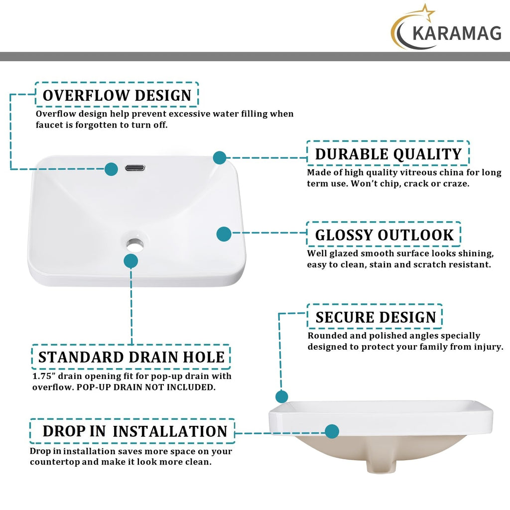 Small Bathroom Vessel Sink 16.7'' x 12.6'' Semi Recessed Bathroom Sink Rectangular Drop-in Vanity Sink with Overflow White Ceramic Modern Art Basin