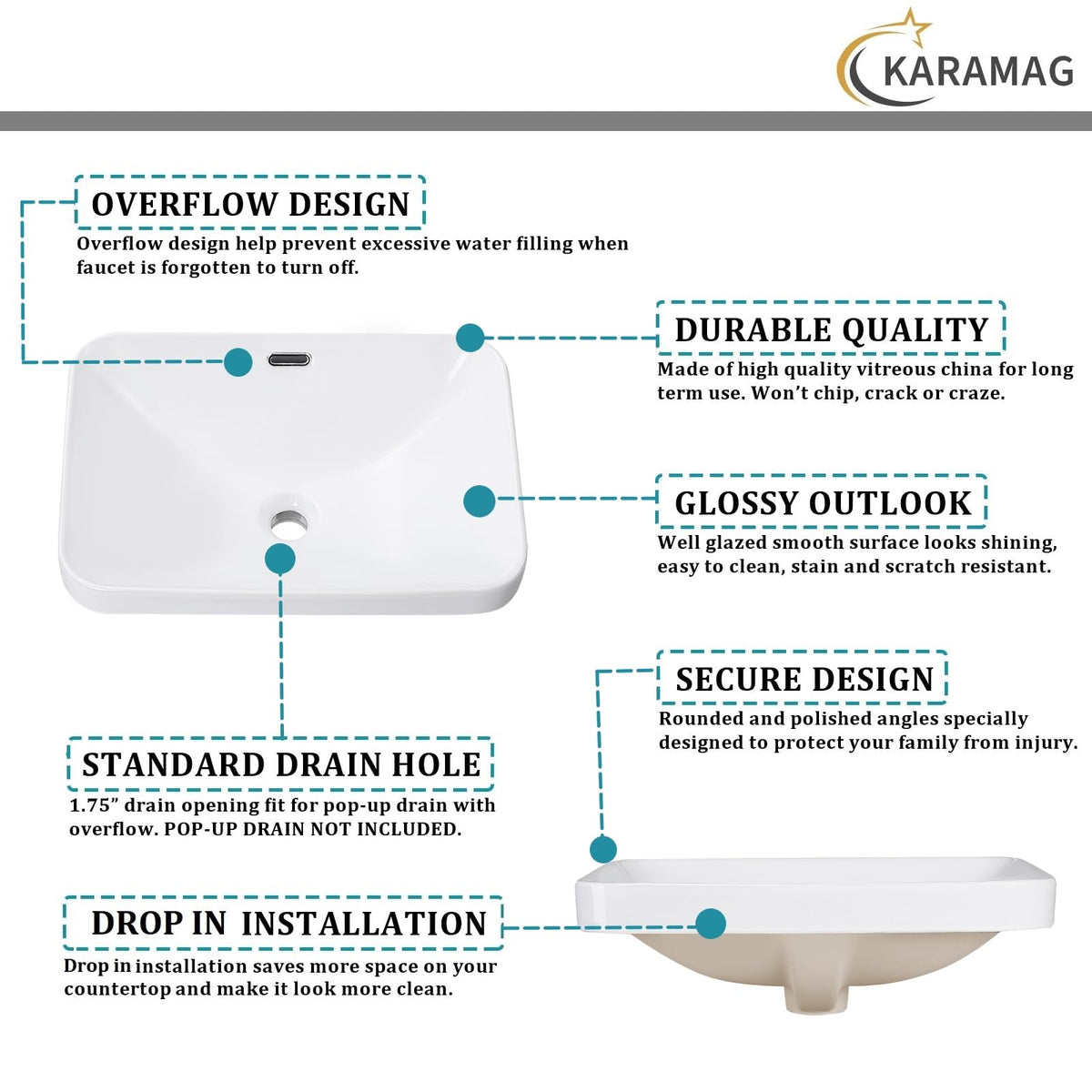Small Bathroom Vessel Sink 16.7'' x 12.6'' Semi Recessed Bathroom Sink Rectangular Drop-in Vanity Sink with Overflow White Ceramic Modern Art Basin