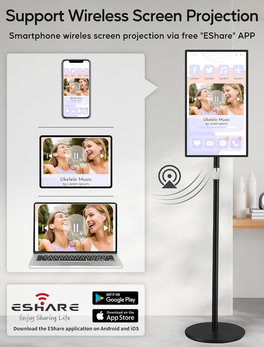 15.6" Digital Signage Capacitive Touchscreen Advertising Display with Adjustable Stand, 10000mAh Battery, Android 13 Commercial LCD Monitor with Auto Play, Wireless Screen Mirroring, 4+64GB