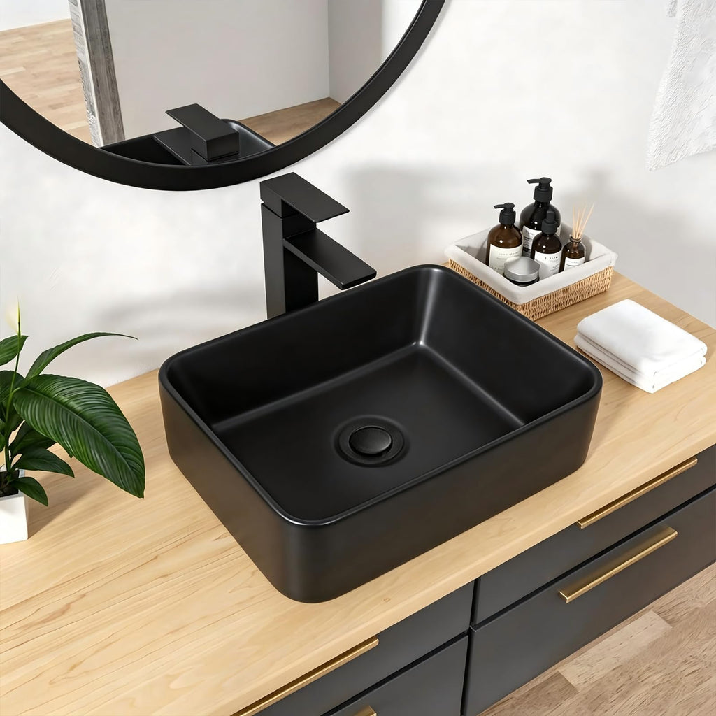Kichae 16"x12" Vessel Sink Rectangle - Modern Above Matte Black Porcelain Ceramic Bathroom Vessel Vanity Sink Bowl Art Basin