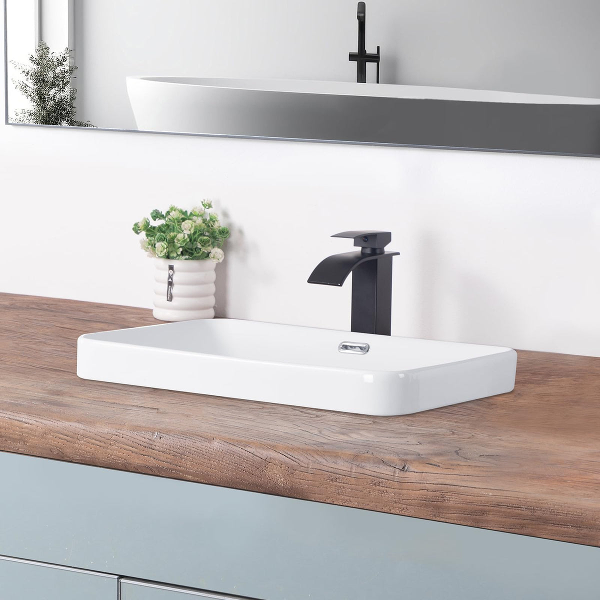 Bathroom Vessel Sink 16.7" X 12.6" Semi Recessed Bathroom Sink Rectangular Drop In Bathroom Sinks with Overflow White Ceramic Vessel Sinks for Bathroom Modern Above Counter Basin Vanity Sink