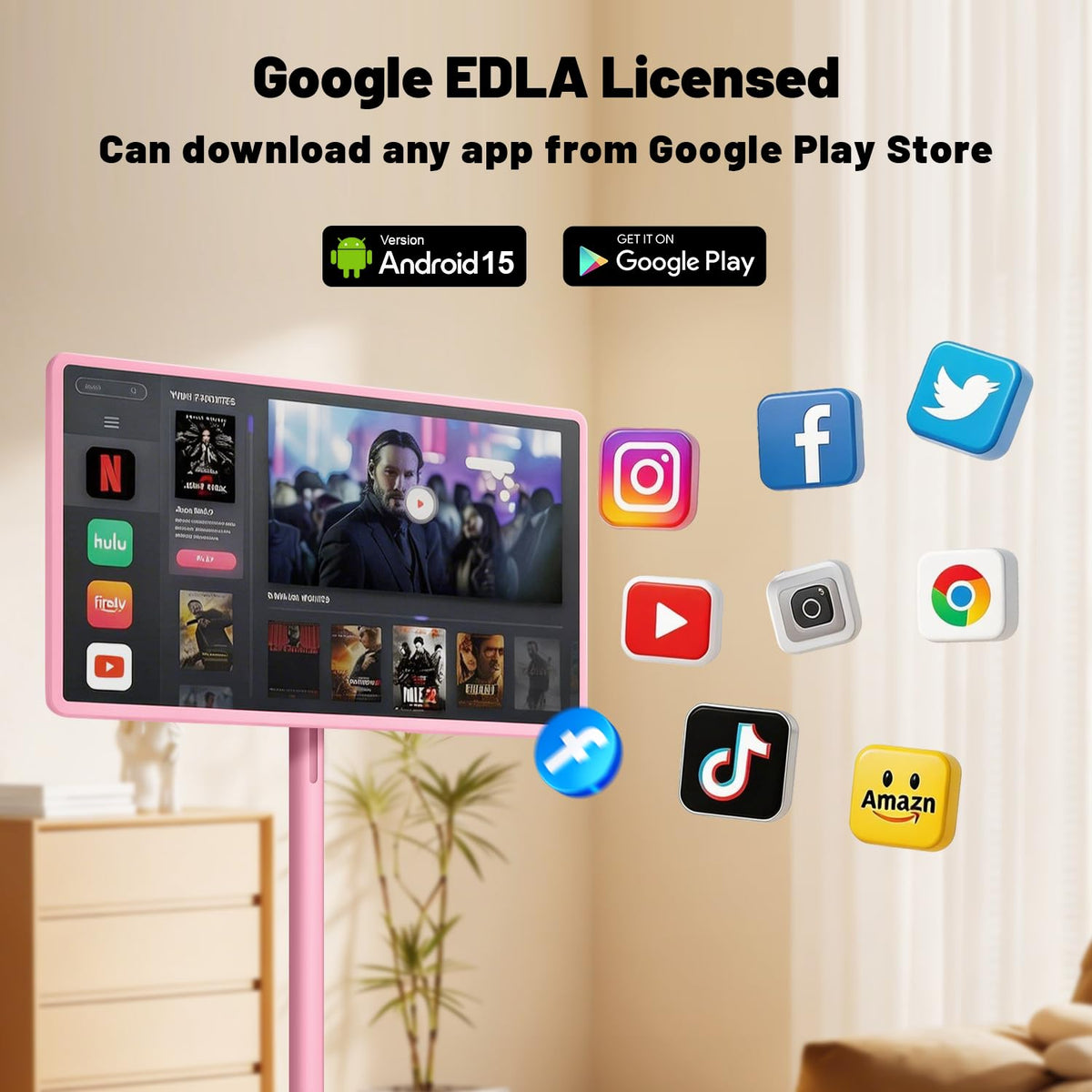 VLH 32 Inch Smart Portable TV Tablet with Rolling Stand, 1080P Touch Screen Rolling TV, Built-in 38400mAh Battery, Android 15, 8+128GB Wireless TV on Wheels with Remote, 360Â° Rotation, 5MP Camera
