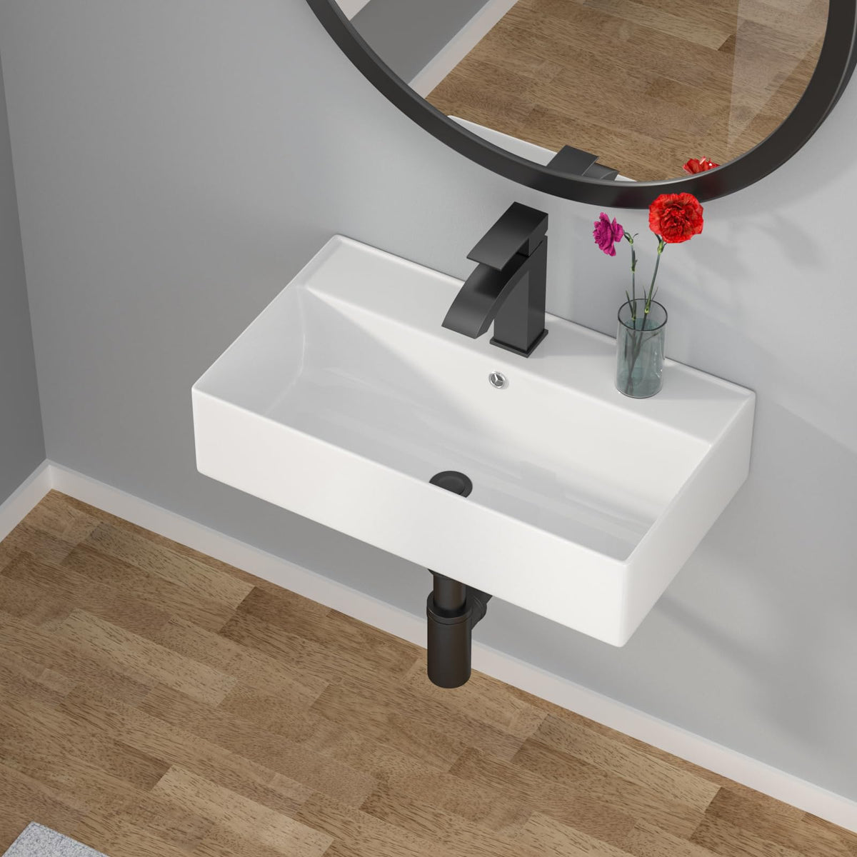 Kichae 16"x12" Vessel Sink Rectangle - Modern Above Matte Black Porcelain Ceramic Bathroom Vessel Vanity Sink Bowl Art Basin