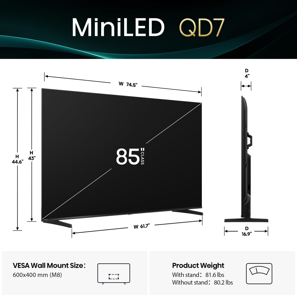 Hisense 65" Class QD7 Series Mini-LED 4K UHD Smart Fire TV (65QD7QF, 2025 Model) - QLED, HDR10+, Dolby Vision, Dolby Atmos, Game Mode Plus, ALLM, Alexa Built in with Voice Remote, Streaming TV, Black