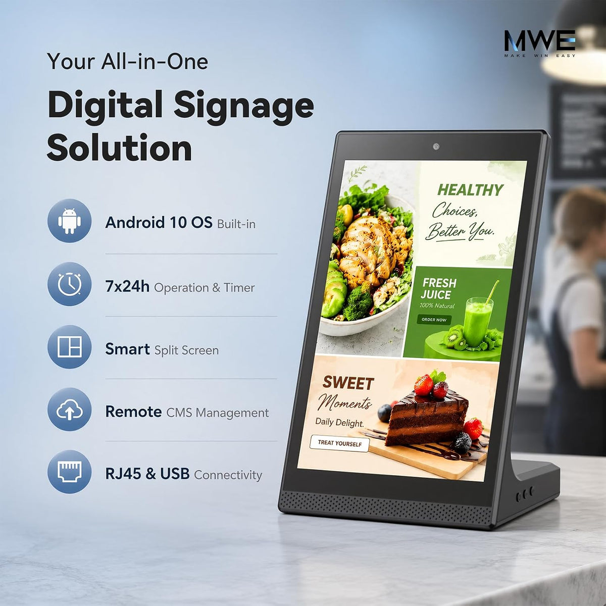 10.1" Desktop Digital Signage Display, L-Shaped HD Touch Screen Kiosk, LedArt App Remote Management, Commercial Advertising Display for Retail, Restaurant, Hotel (WiFi/Ethernet/USB)