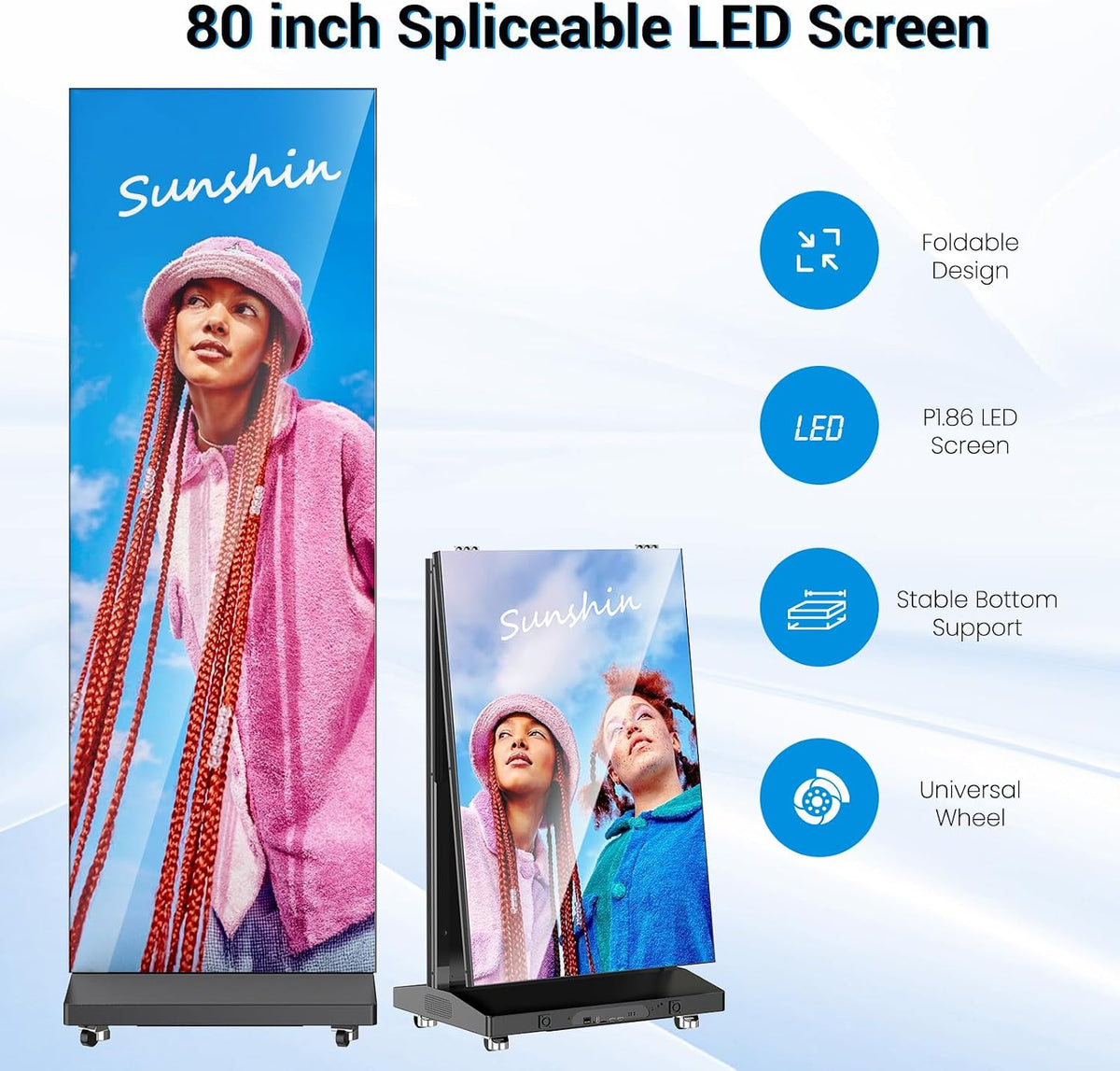 80 Inch LED Digital Signage Display, Foldable Seamless Stitching Kiosk, P1.86 GOB LED Screen Poster with Flight Case, Commercial Advertising Display for Events, Rentals and Weddings (Black, 1 Unit)